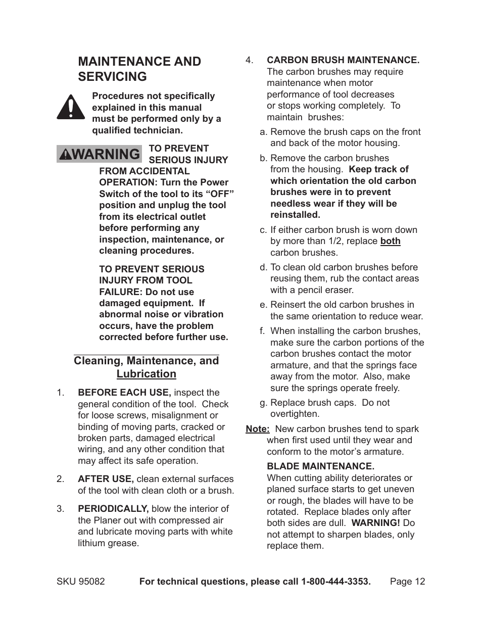 Maintenance and servicing | Harbor Freight Tools 95082 User Manual | Page 12 / 21