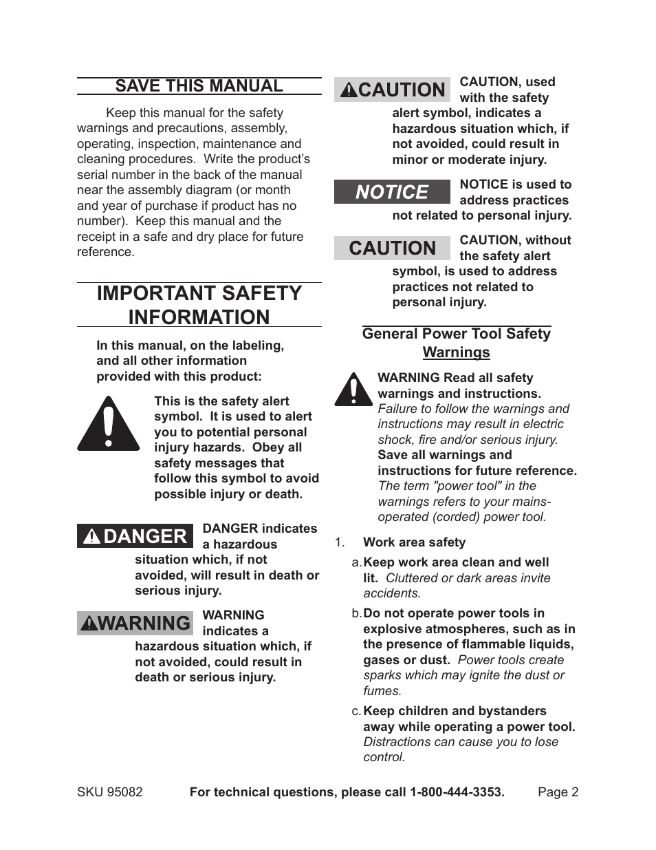 Important safety information, Save this manual | Harbor Freight Tools 95082 User Manual | Page 2 / 21