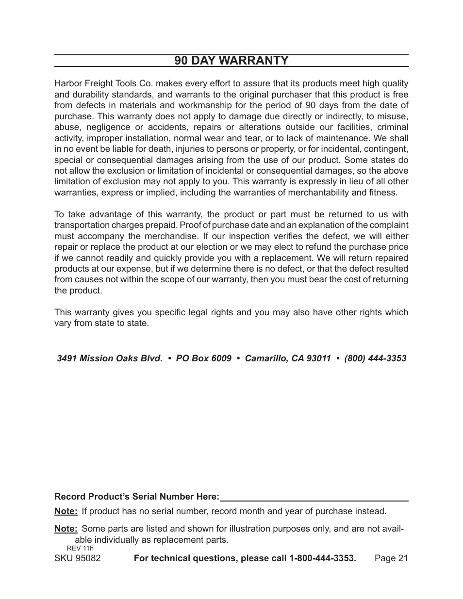 90 day warranty | Harbor Freight Tools 95082 User Manual | Page 21 / 21