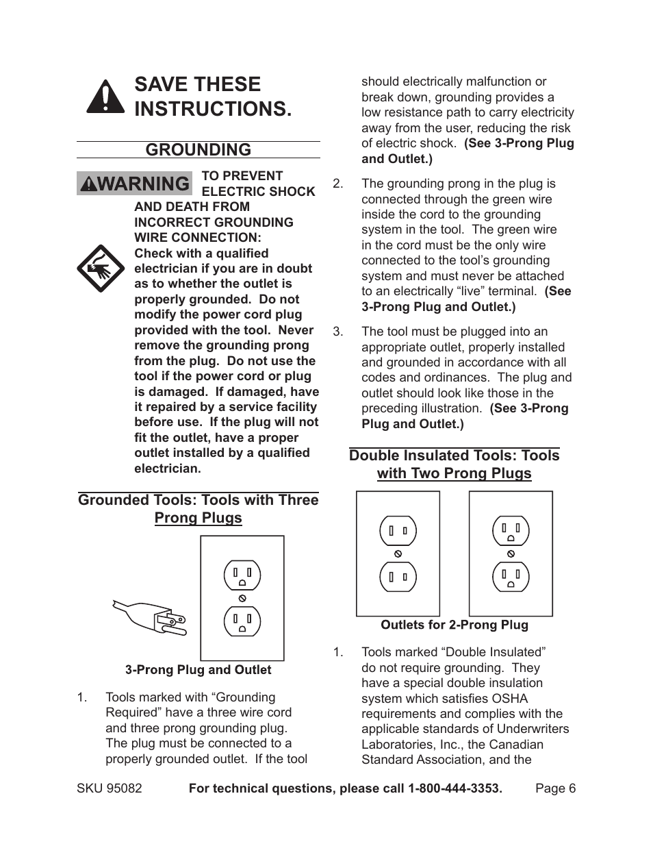 Save these instructions, Grounding | Harbor Freight Tools 95082 User Manual | Page 6 / 21