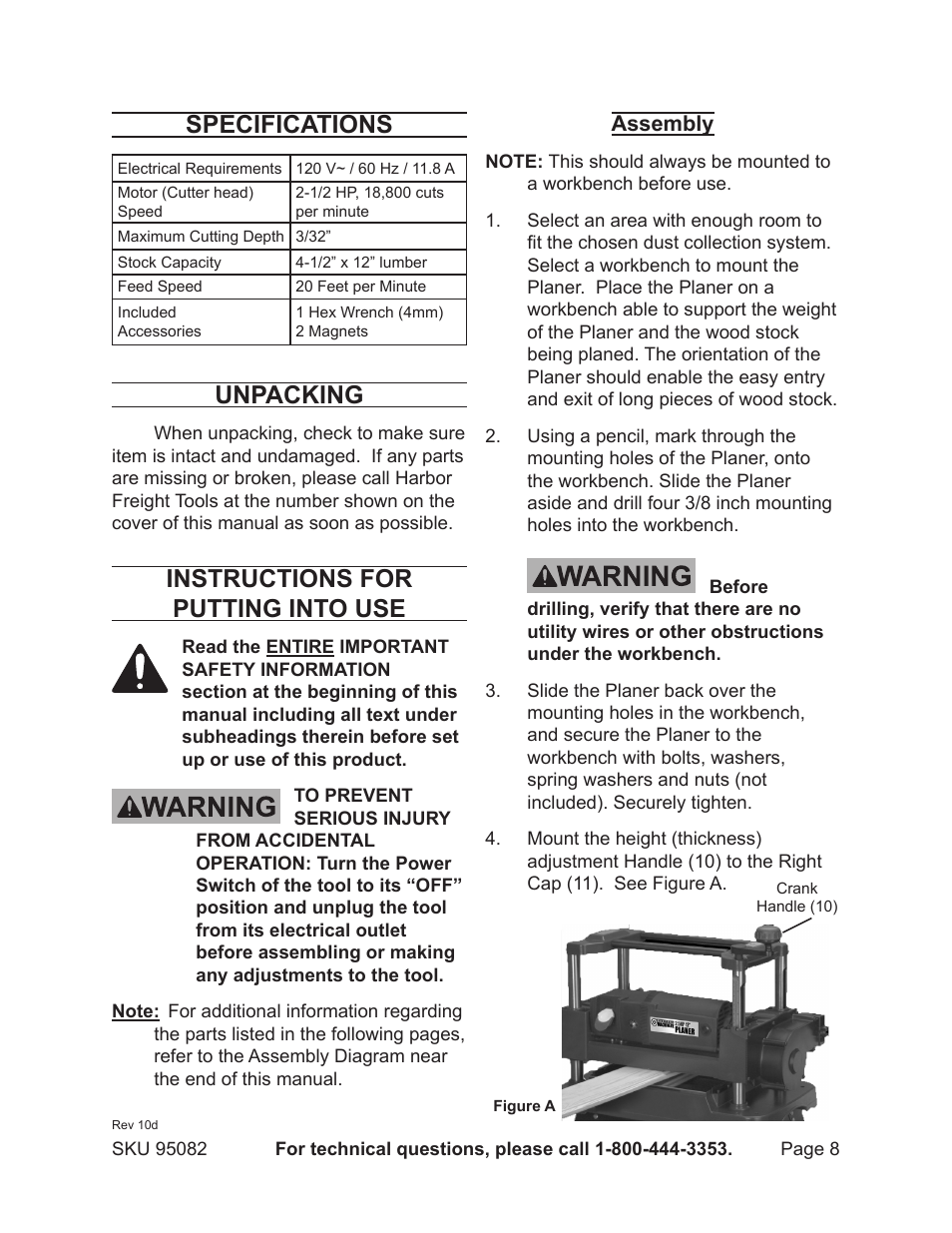 Specifications, Unpacking, Instructions for putting into use | Harbor Freight Tools 95082 User Manual | Page 8 / 21