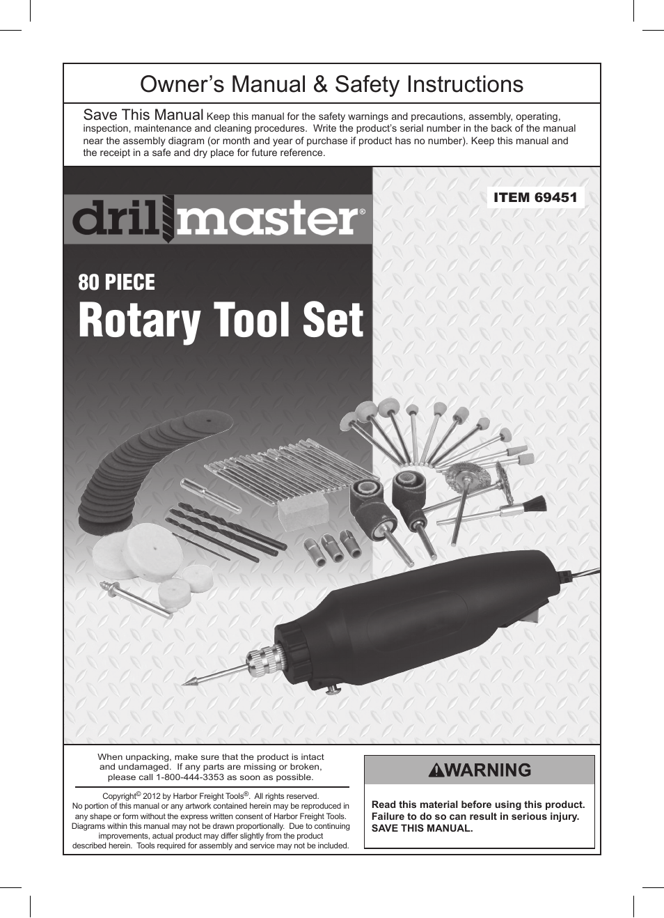 Harbor Freight Tools 80 PIECE Rotary Tool Set ITEM 69451 User Manual | 12 pages