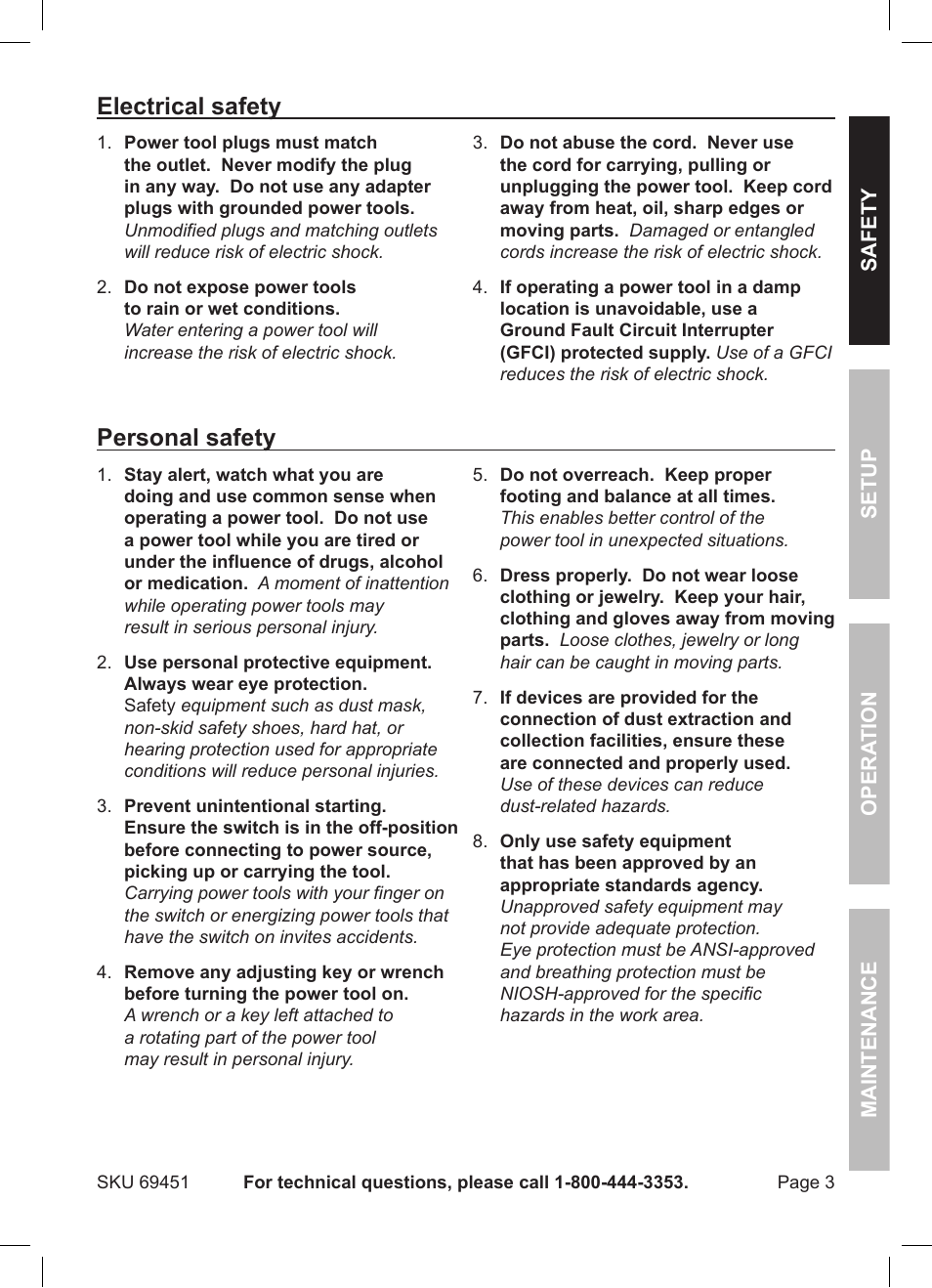 Electrical safety, Personal safety | Harbor Freight Tools 80 PIECE Rotary Tool Set ITEM 69451 User Manual | Page 3 / 12