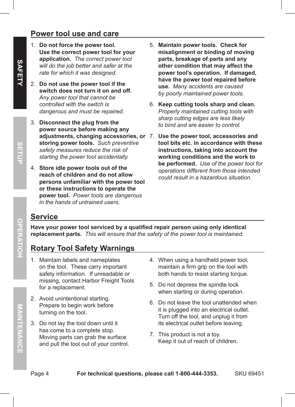 Power tool use and care, Service, Rotary tool safety warnings | Harbor Freight Tools 80 PIECE Rotary Tool Set ITEM 69451 User Manual | Page 4 / 12