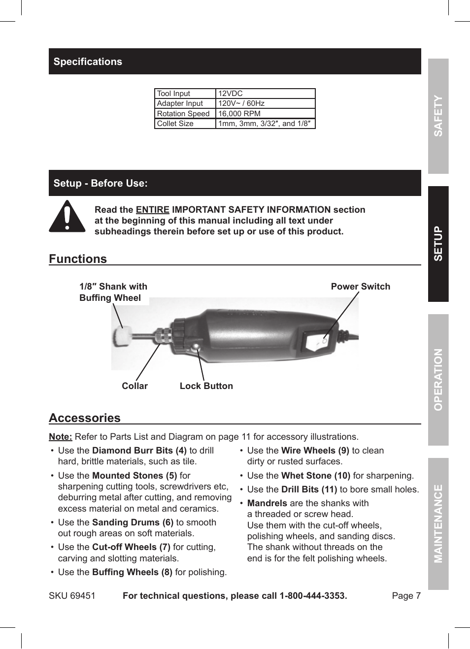 Functions, Accessories | Harbor Freight Tools 80 PIECE Rotary Tool Set ITEM 69451 User Manual | Page 7 / 12