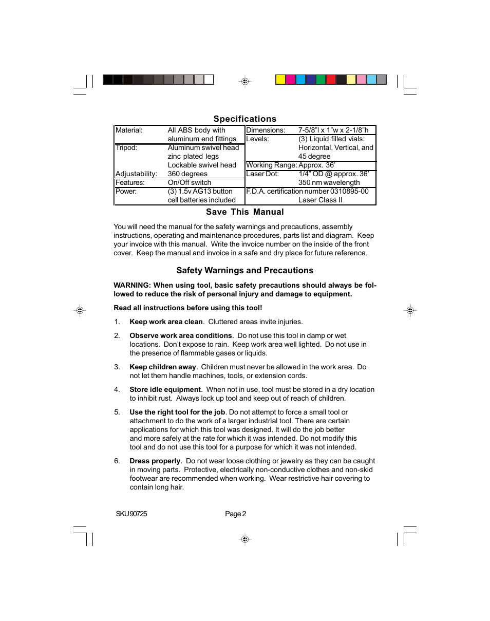 Harbor Freight Tools 90725 User Manual | Page 2 / 6