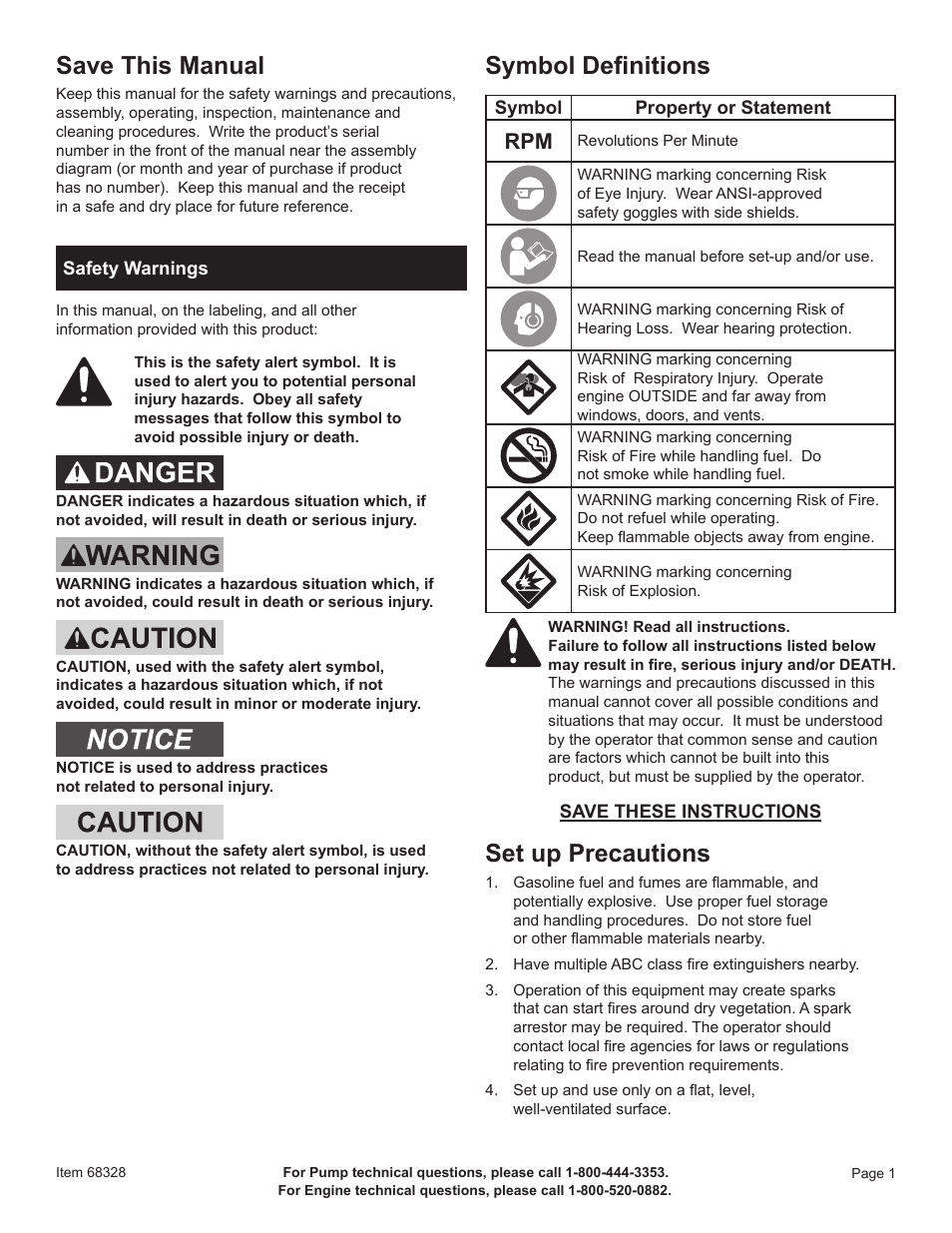 Save this manual, Symbol definitions, Set up precautions | Harbor Freight Tools Pacific Hydrostar 1-1/2" Gasoline Powered Clear Water Pump 68328 User Manual | Page 3 / 24