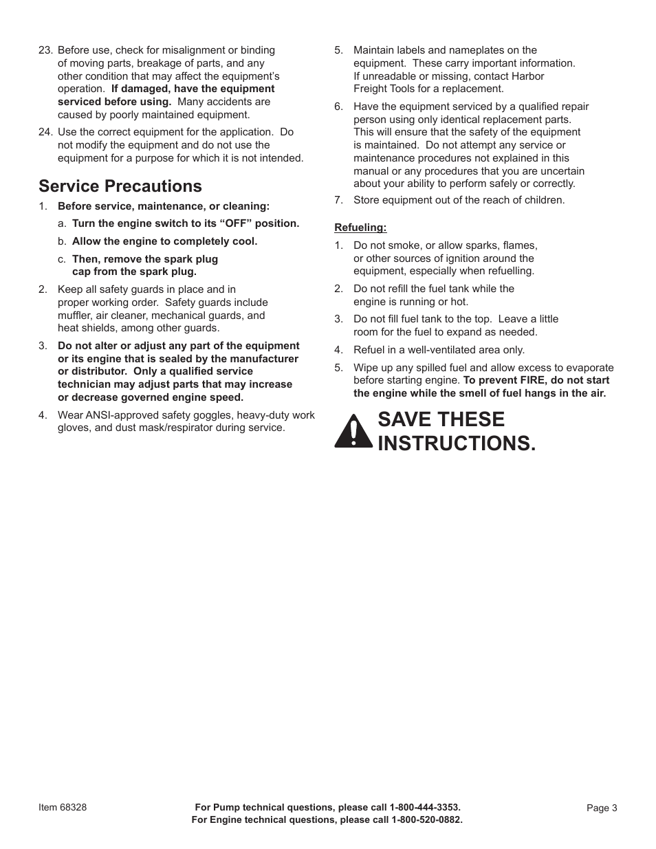 Save these instructions, Service precautions | Harbor Freight Tools Pacific Hydrostar 1-1/2" Gasoline Powered Clear Water Pump 68328 User Manual | Page 5 / 24