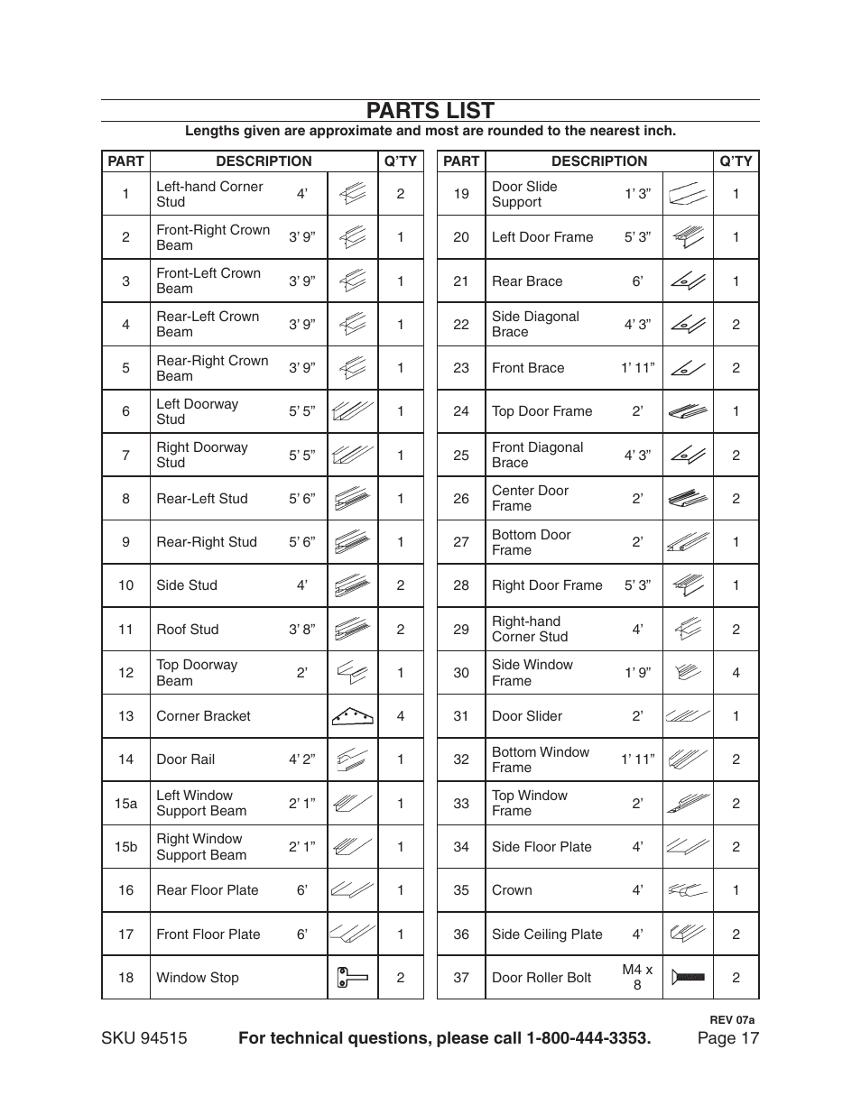 Parts list | Harbor Freight Tools 94515 User Manual | Page 17 / 18