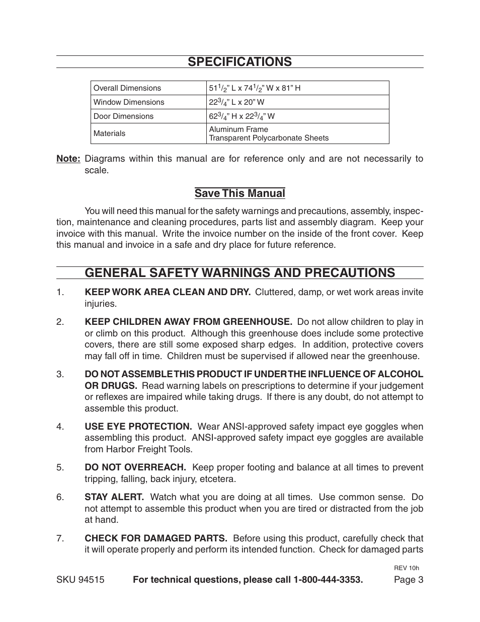 Specifications, General safety warnings and precautions, Save this manual | Harbor Freight Tools 94515 User Manual | Page 3 / 18