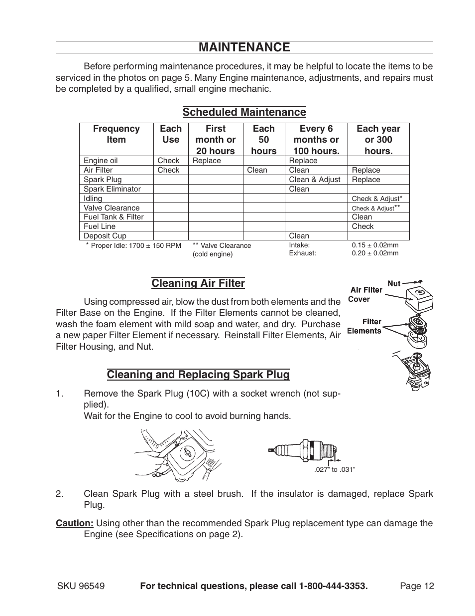 Maintenance, Scheduled maintenance, Cleaning air filter | Cleaning and replacing spark plug | Harbor Freight Tools 96549 User Manual | Page 12 / 31