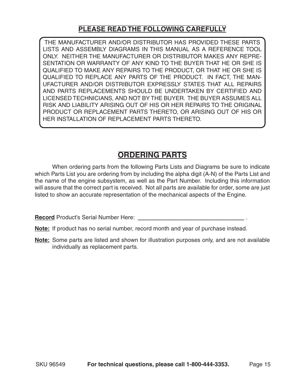 Ordering parts | Harbor Freight Tools 96549 User Manual | Page 15 / 31