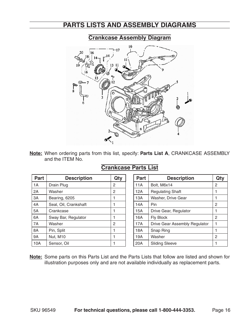 Parts lists and assembly diagrams, Crankcase assembly diagram, Crankcase parts list | Harbor Freight Tools 96549 User Manual | Page 16 / 31