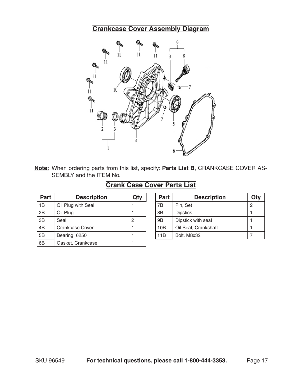 Crankcase cover assembly diagram, Crank case cover parts list | Harbor Freight Tools 96549 User Manual | Page 17 / 31