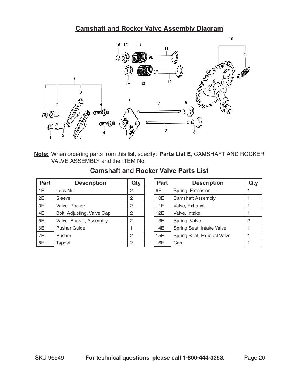 Camshaft and rocker valve assembly diagram, Camshaft and rocker valve parts list | Harbor Freight Tools 96549 User Manual | Page 20 / 31