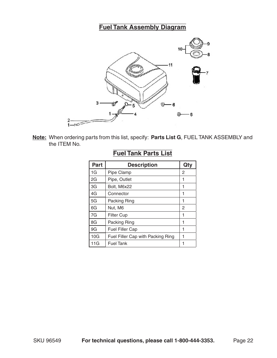 Fuel tank assembly diagram, Fuel tank parts list | Harbor Freight Tools 96549 User Manual | Page 22 / 31