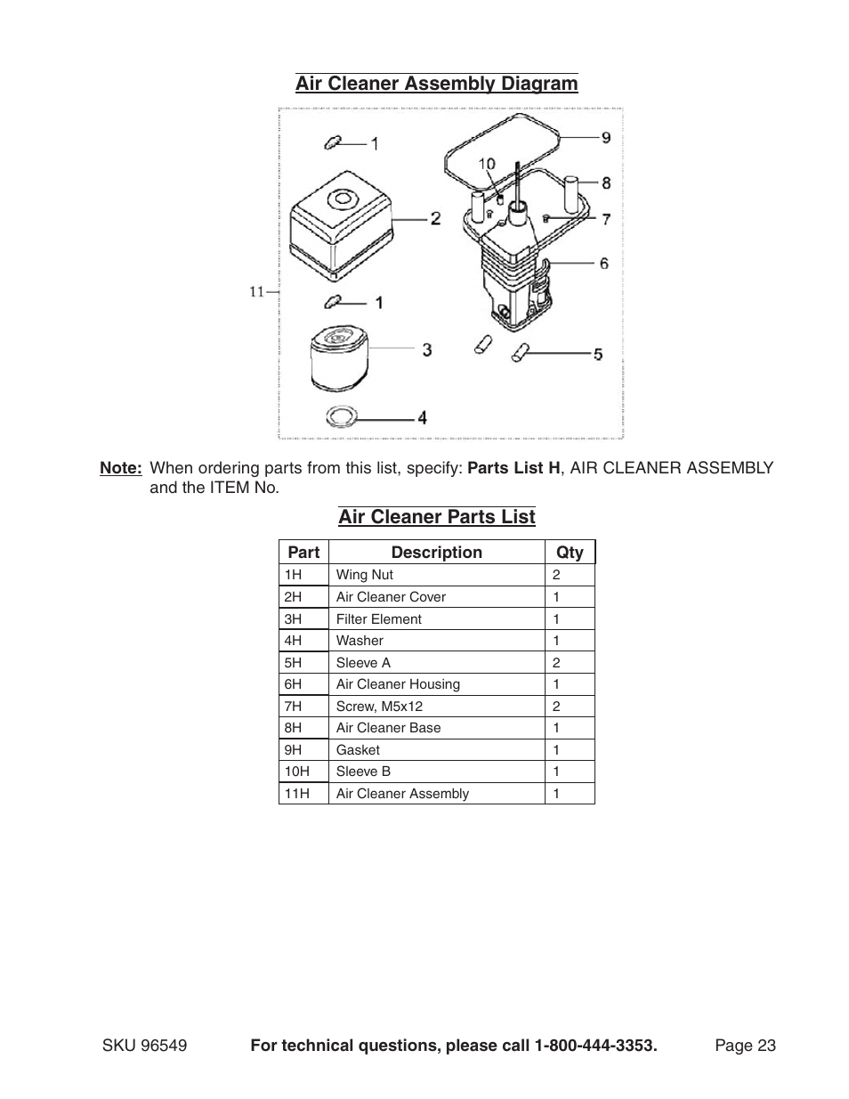 Air cleaner assembly diagram, Air cleaner parts list | Harbor Freight Tools 96549 User Manual | Page 23 / 31