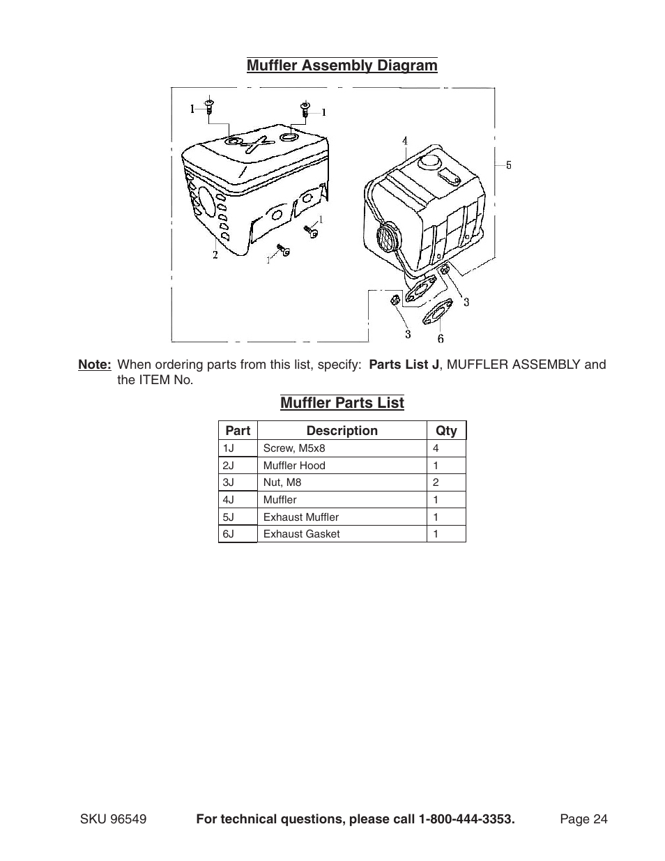 Muffler assembly diagram, Muffler parts list | Harbor Freight Tools 96549 User Manual | Page 24 / 31