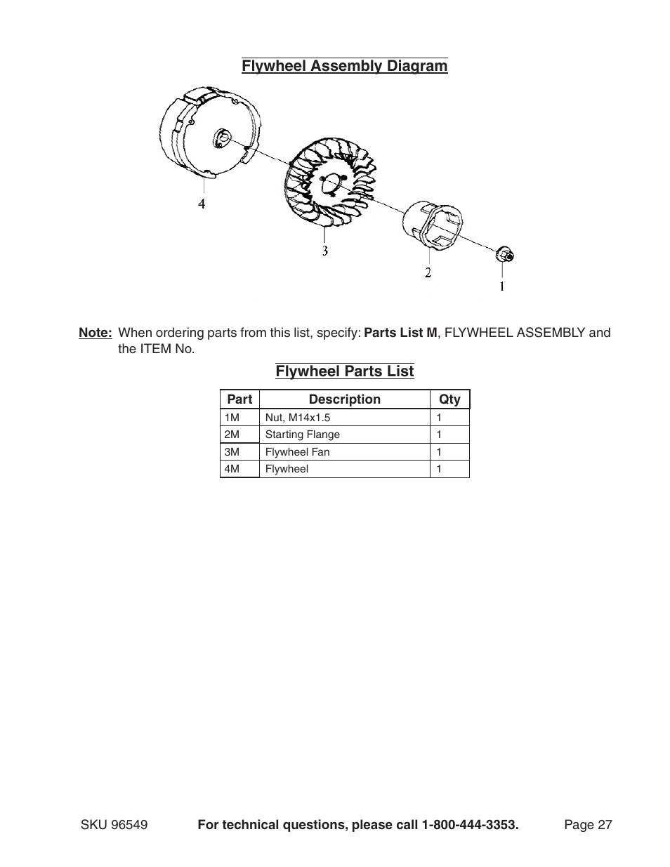 Flywheel assembly diagram, Flywheel parts list | Harbor Freight Tools 96549 User Manual | Page 27 / 31