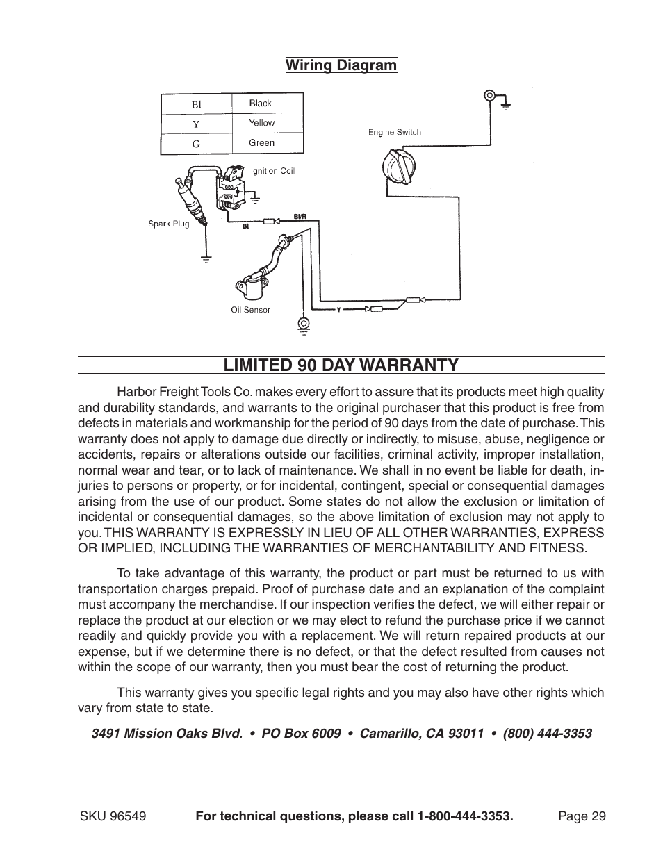 Limited 90 day warranty | Harbor Freight Tools 96549 User Manual | Page 29 / 31