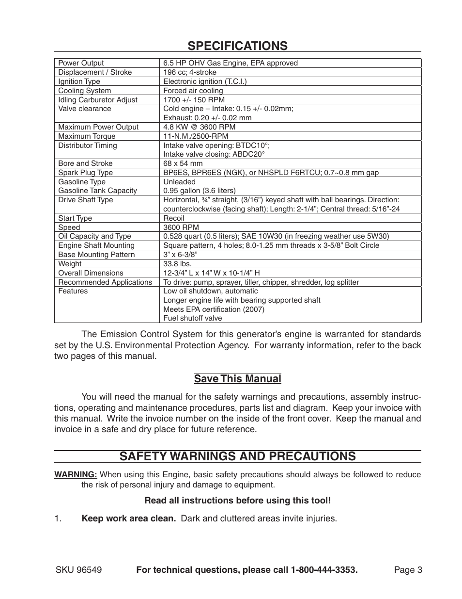 Specifications, Safety warnings and precautions, Save this manual | Harbor Freight Tools 96549 User Manual | Page 3 / 31