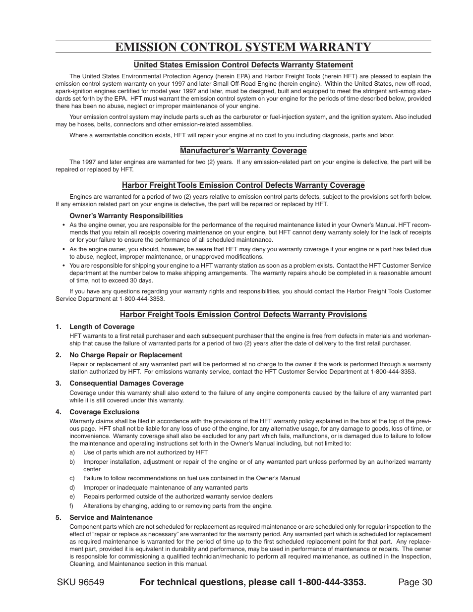 Emission control system warranty | Harbor Freight Tools 96549 User Manual | Page 30 / 31