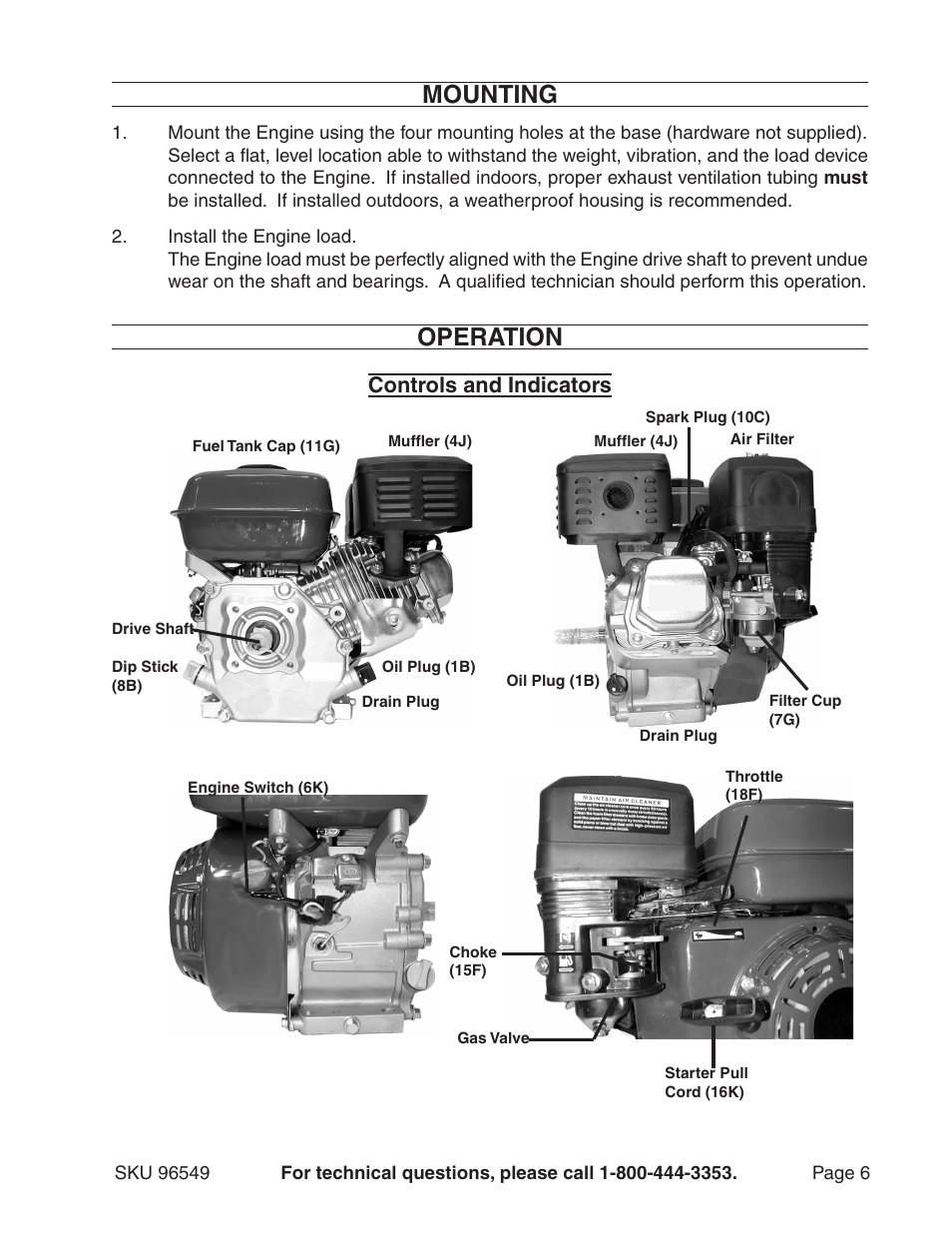 Mounting, Operation, Controls and indicators | Harbor Freight Tools 96549 User Manual | Page 6 / 31