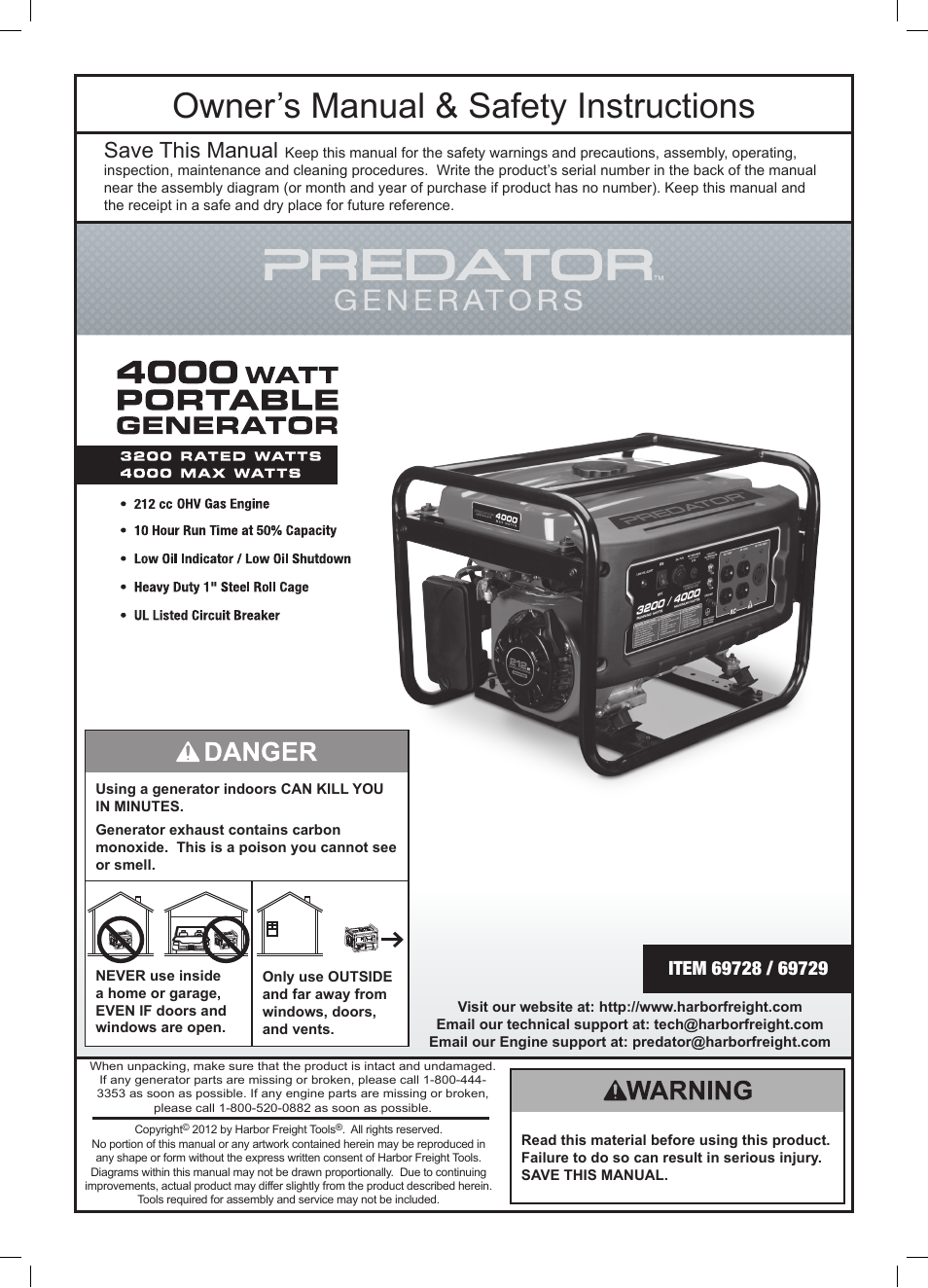 Harbor Freight Tools Predator Generator 69728 User Manual | 24 pages