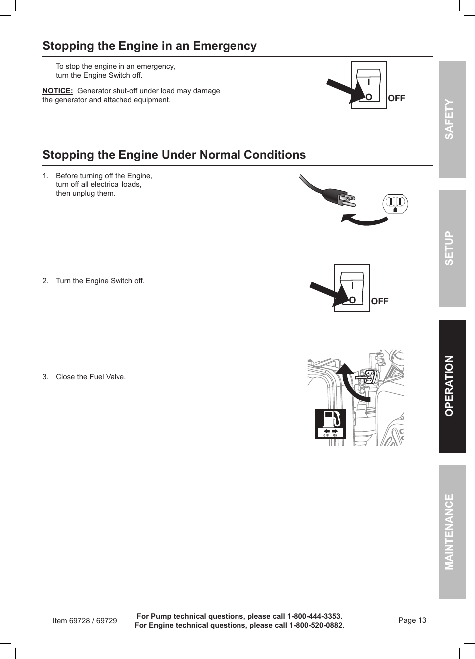Stopping the engine in an emergency, Stopping the engine under normal conditions | Harbor Freight Tools Predator Generator 69728 User Manual | Page 13 / 24