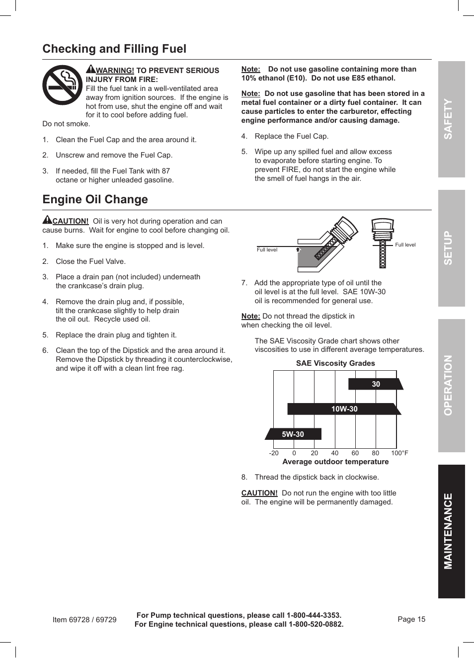 Checking and filling fuel, Engine oil change | Harbor Freight Tools Predator Generator 69728 User Manual | Page 15 / 24