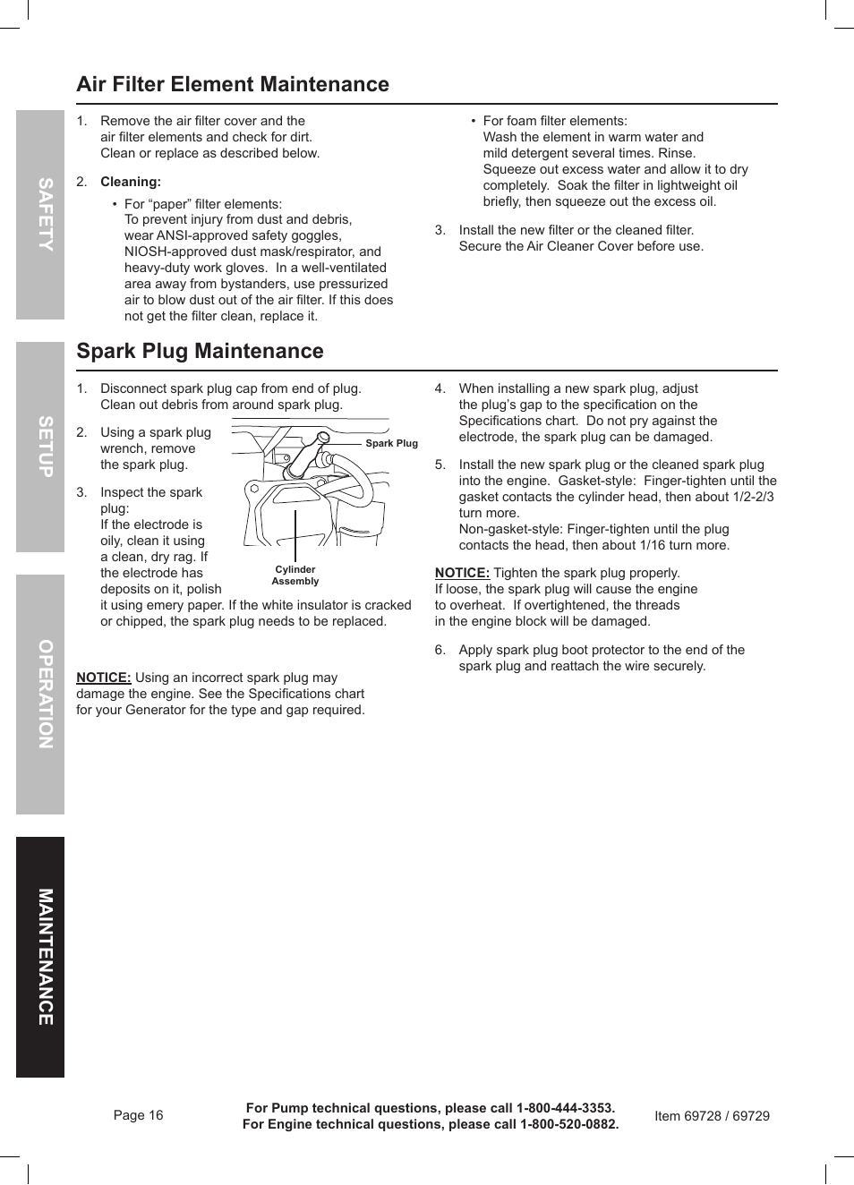 Air filter element maintenance, Spark plug maintenance | Harbor Freight Tools Predator Generator 69728 User Manual | Page 16 / 24