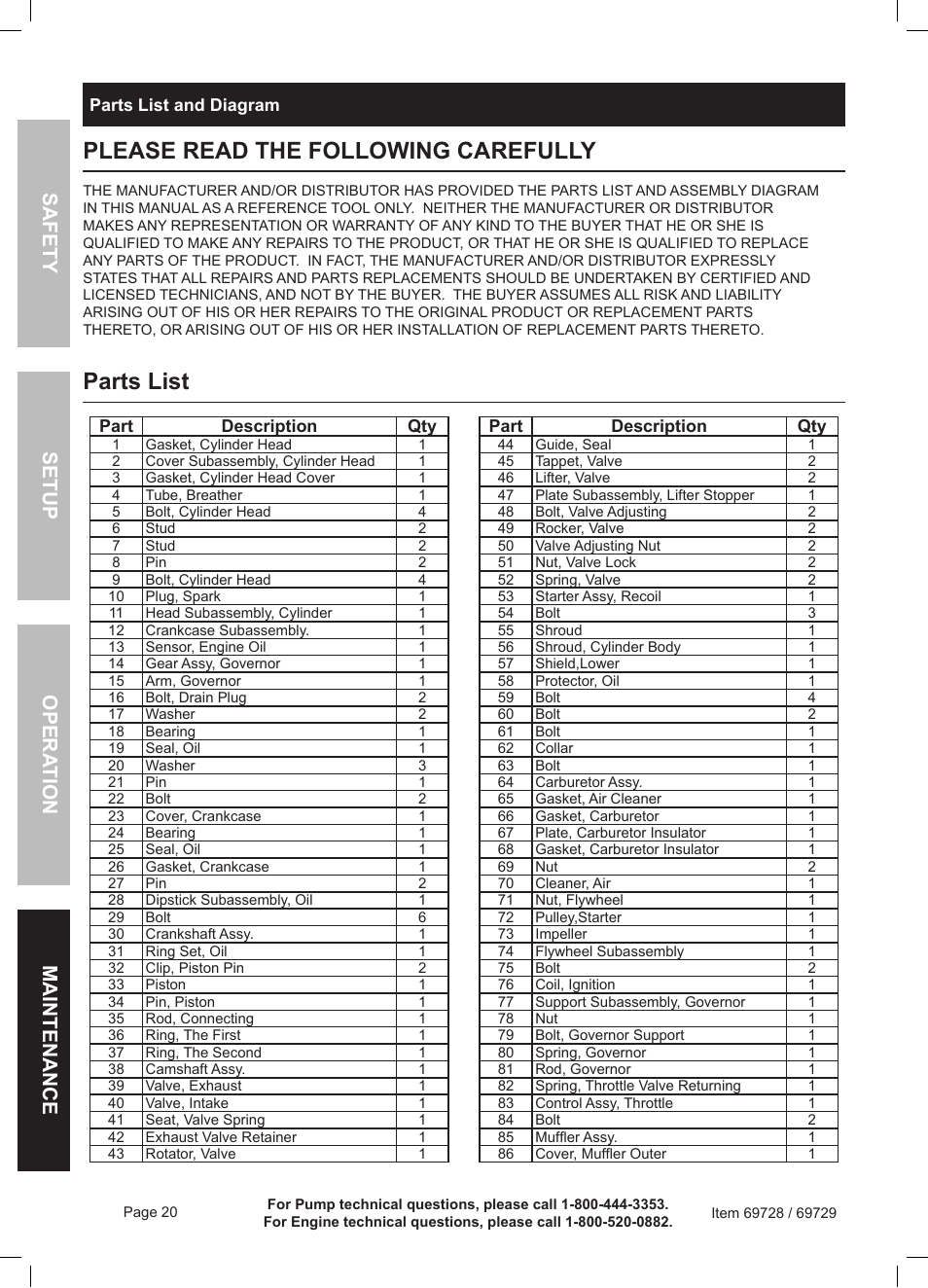 Please read the following carefully, Parts list | Harbor Freight Tools Predator Generator 69728 User Manual | Page 20 / 24