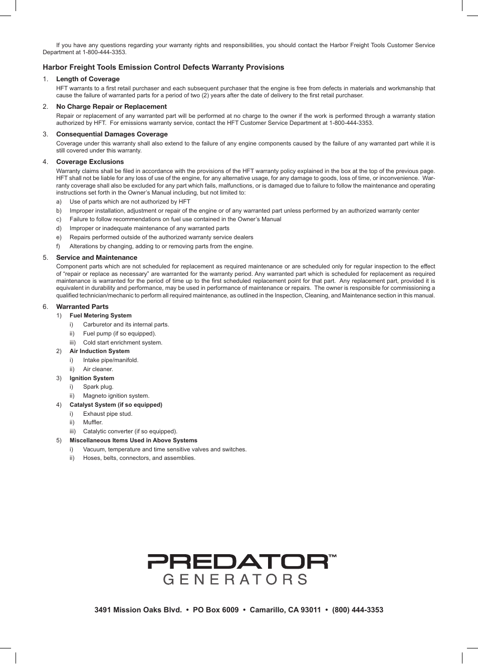 Harbor Freight Tools Predator Generator 69728 User Manual | Page 24 / 24