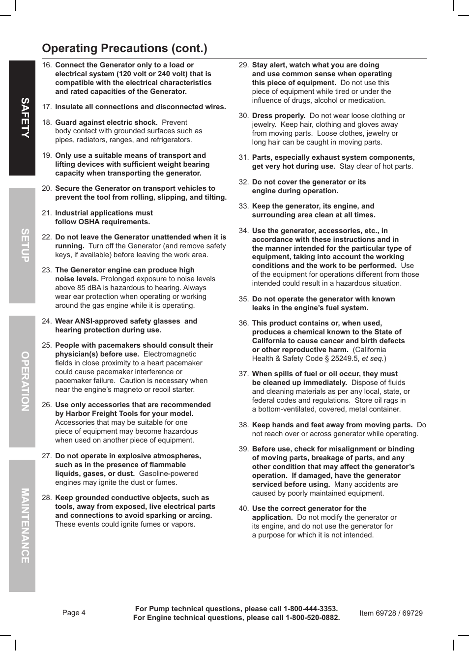 Operating precautions (cont.) | Harbor Freight Tools Predator Generator 69728 User Manual | Page 4 / 24