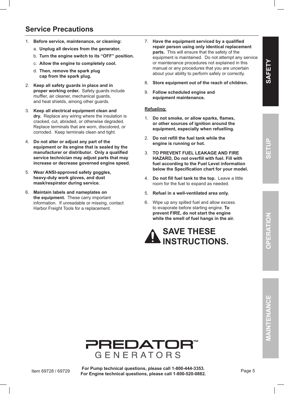 Save these instructions, Service precautions | Harbor Freight Tools Predator Generator 69728 User Manual | Page 5 / 24