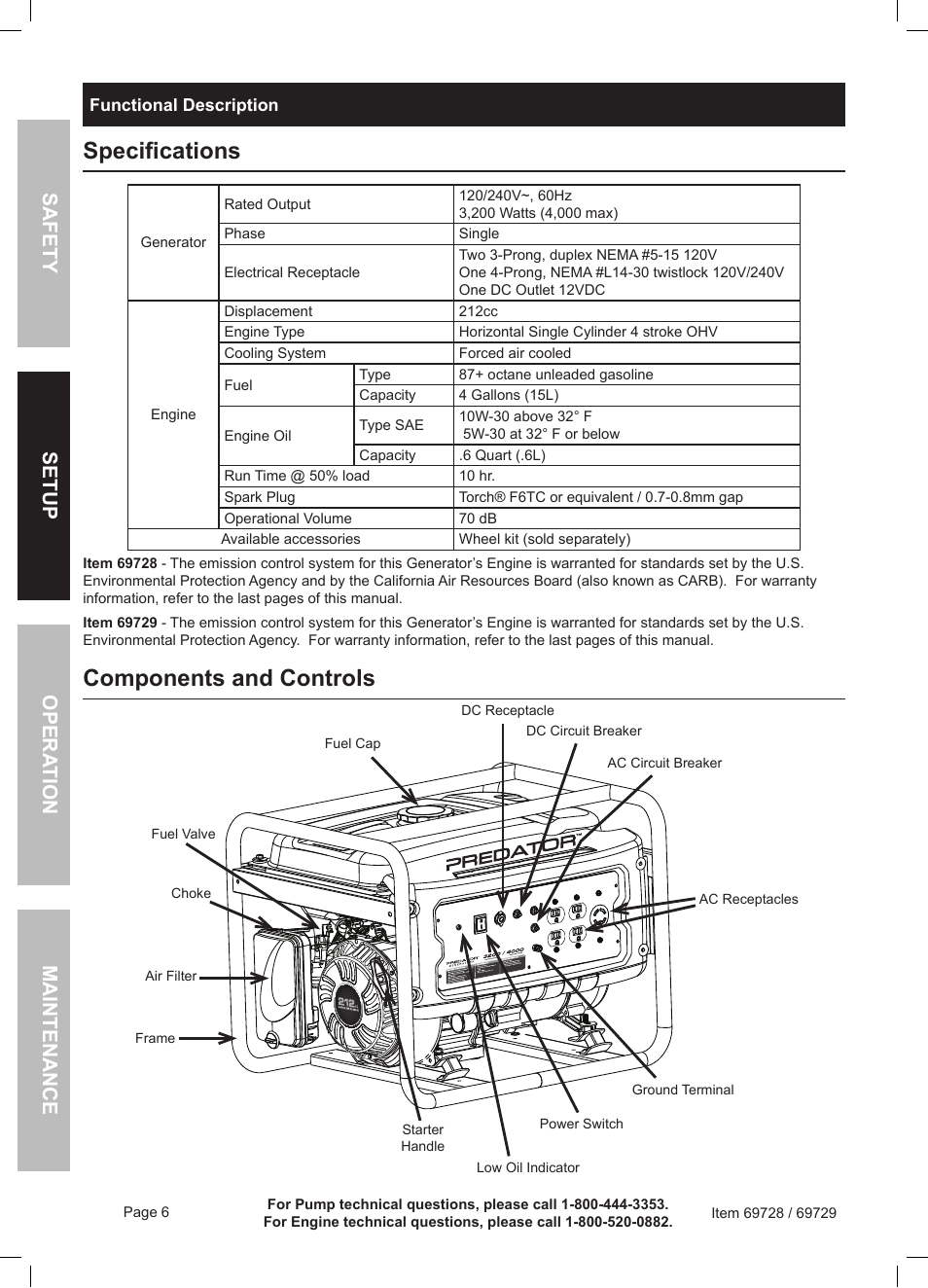 Specifications, Components and controls | Harbor Freight Tools Predator Generator 69728 User Manual | Page 6 / 24