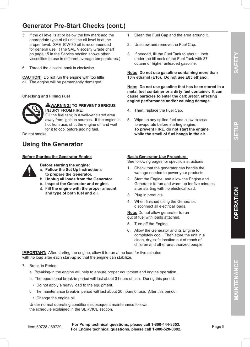 Using the generator, Generator pre-start checks (cont.) | Harbor Freight Tools Predator Generator 69728 User Manual | Page 9 / 24