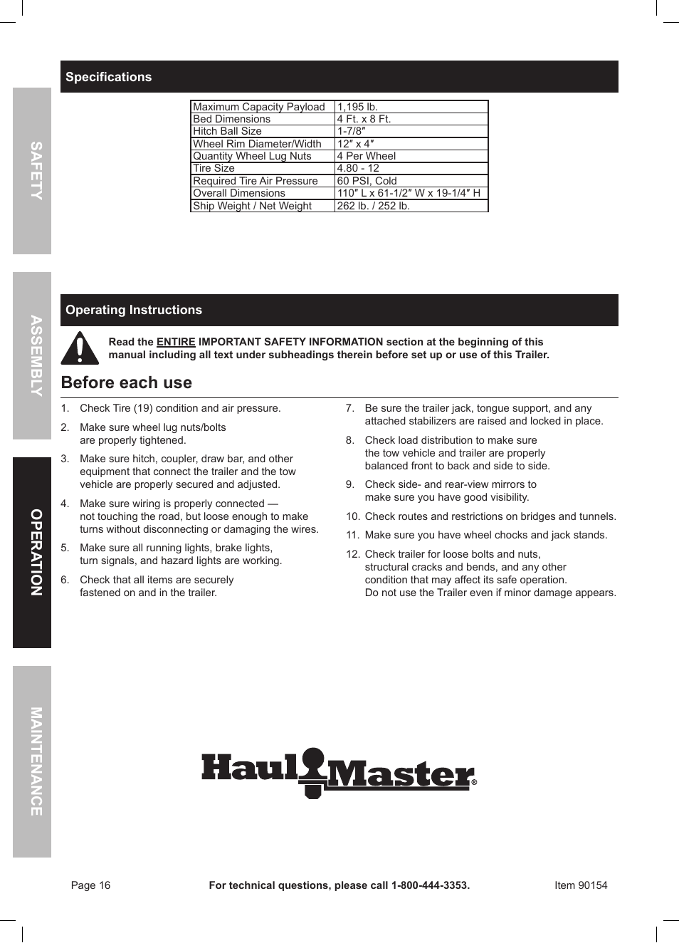 Before each use | Harbor Freight Tools Foldable Utility Trailer 90154 User Manual | Page 16 / 28