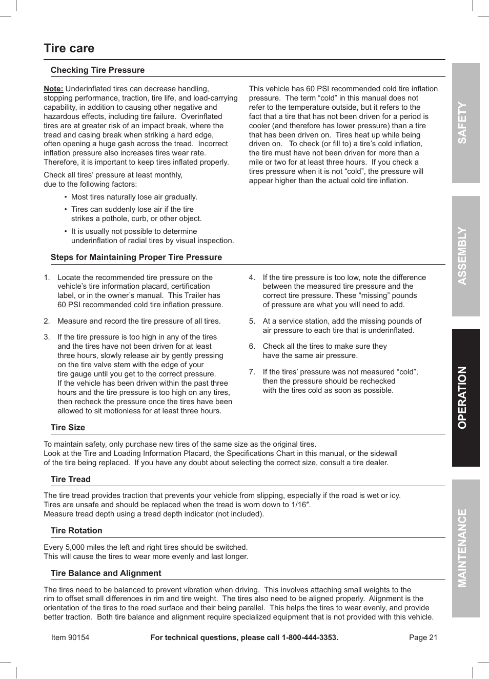 Tire care | Harbor Freight Tools Foldable Utility Trailer 90154 User Manual | Page 21 / 28