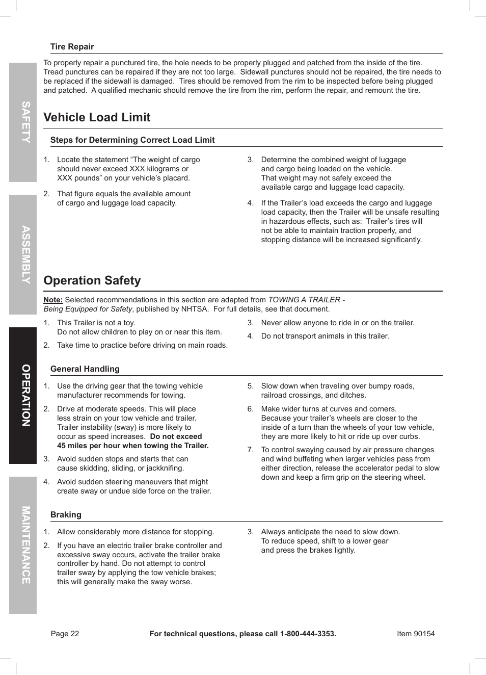 Vehicle load limit, Operation safety | Harbor Freight Tools Foldable Utility Trailer 90154 User Manual | Page 22 / 28