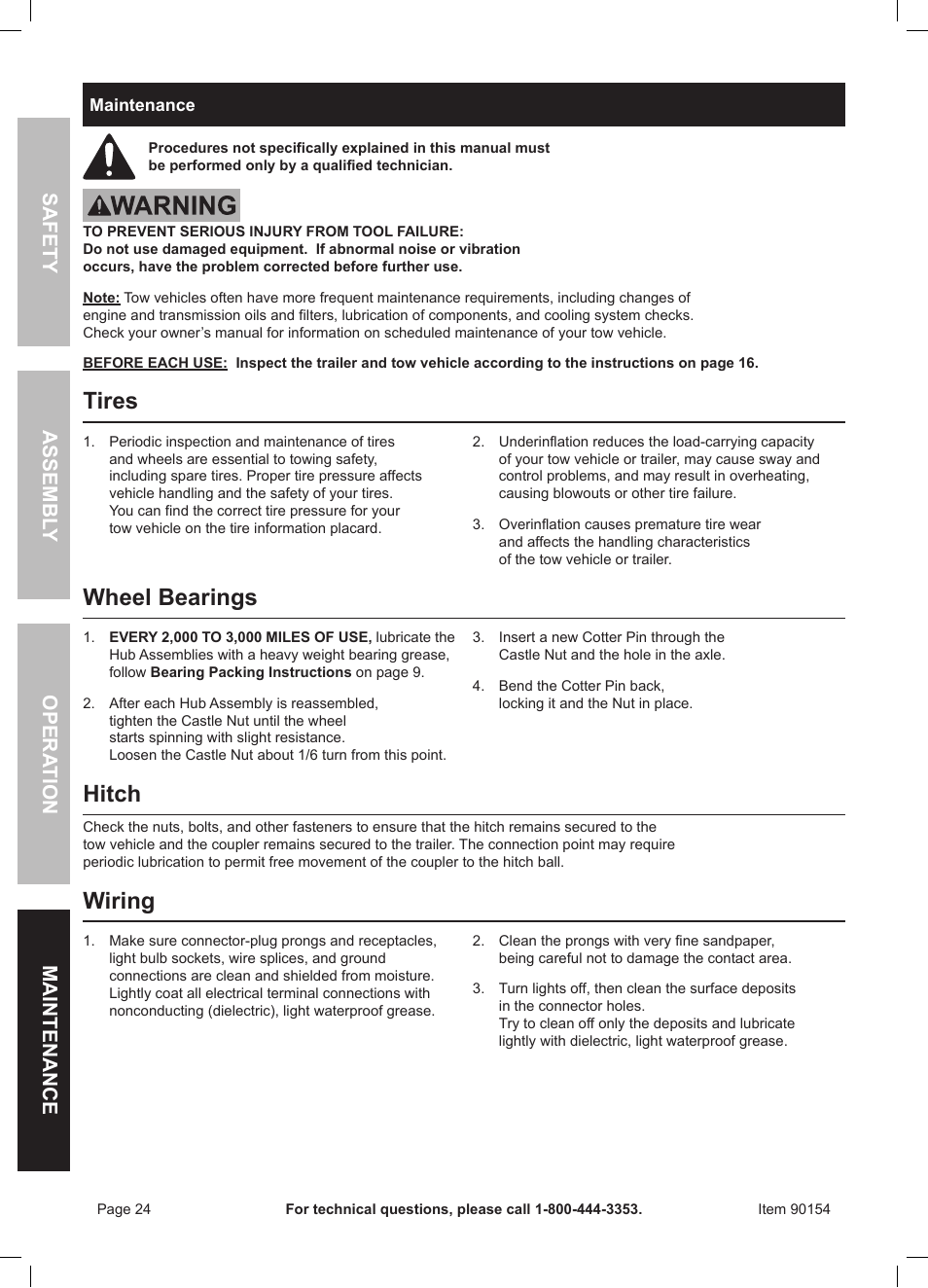 Tires, Wheel bearings, Hitch | Wiring | Harbor Freight Tools Foldable Utility Trailer 90154 User Manual | Page 24 / 28