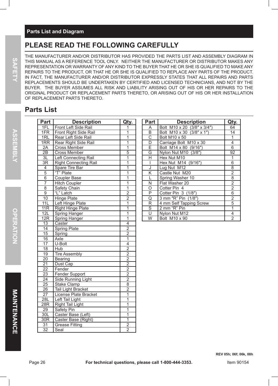 Please read the following carefully, Parts list | Harbor Freight Tools Foldable Utility Trailer 90154 User Manual | Page 26 / 28