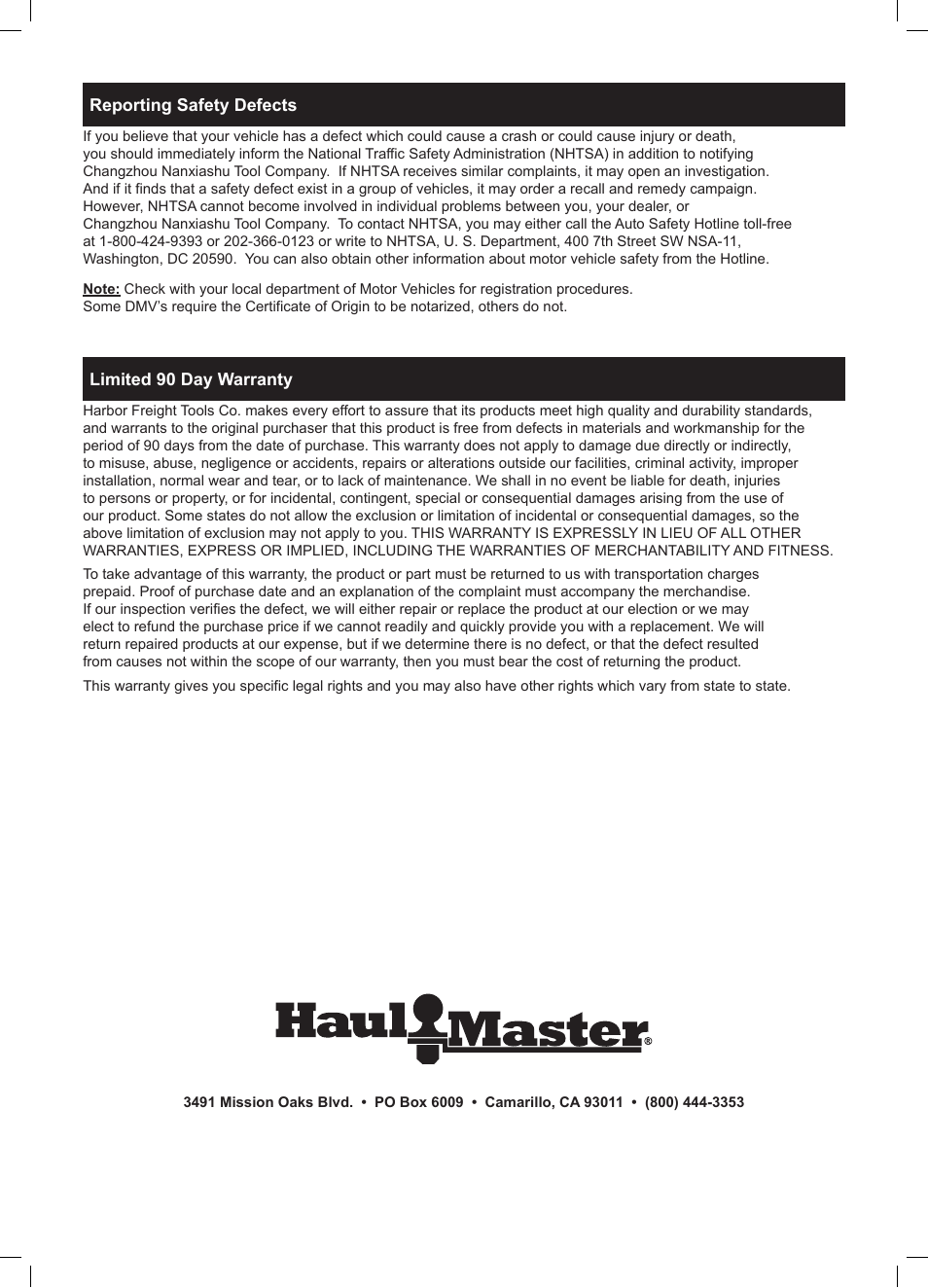 Harbor Freight Tools Foldable Utility Trailer 90154 User Manual | Page 28 / 28