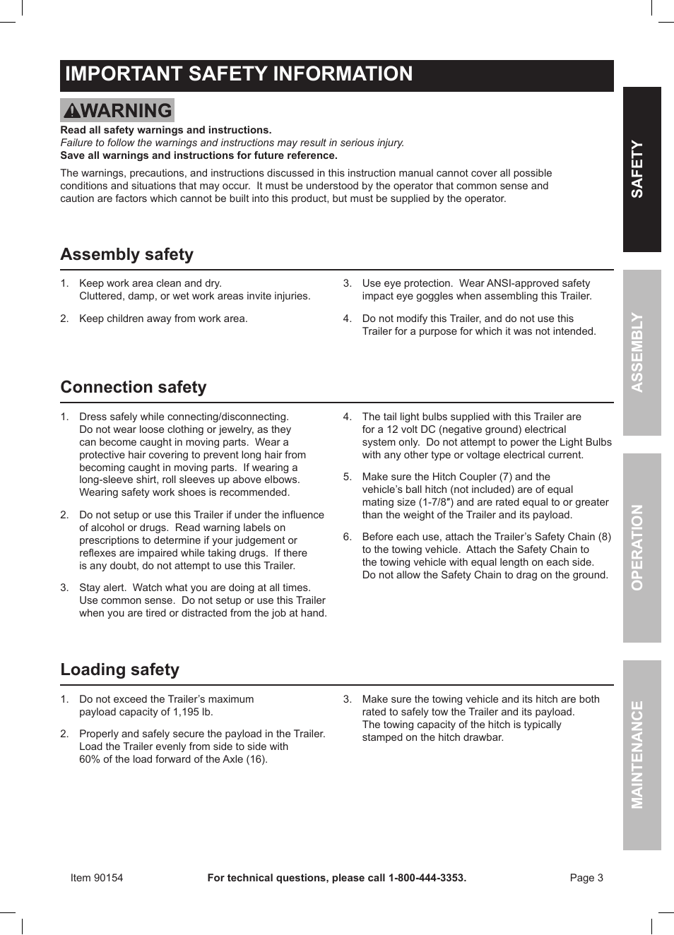 Important safety information, Assembly safety, Connection safety | Loading safety | Harbor Freight Tools Foldable Utility Trailer 90154 User Manual | Page 3 / 28