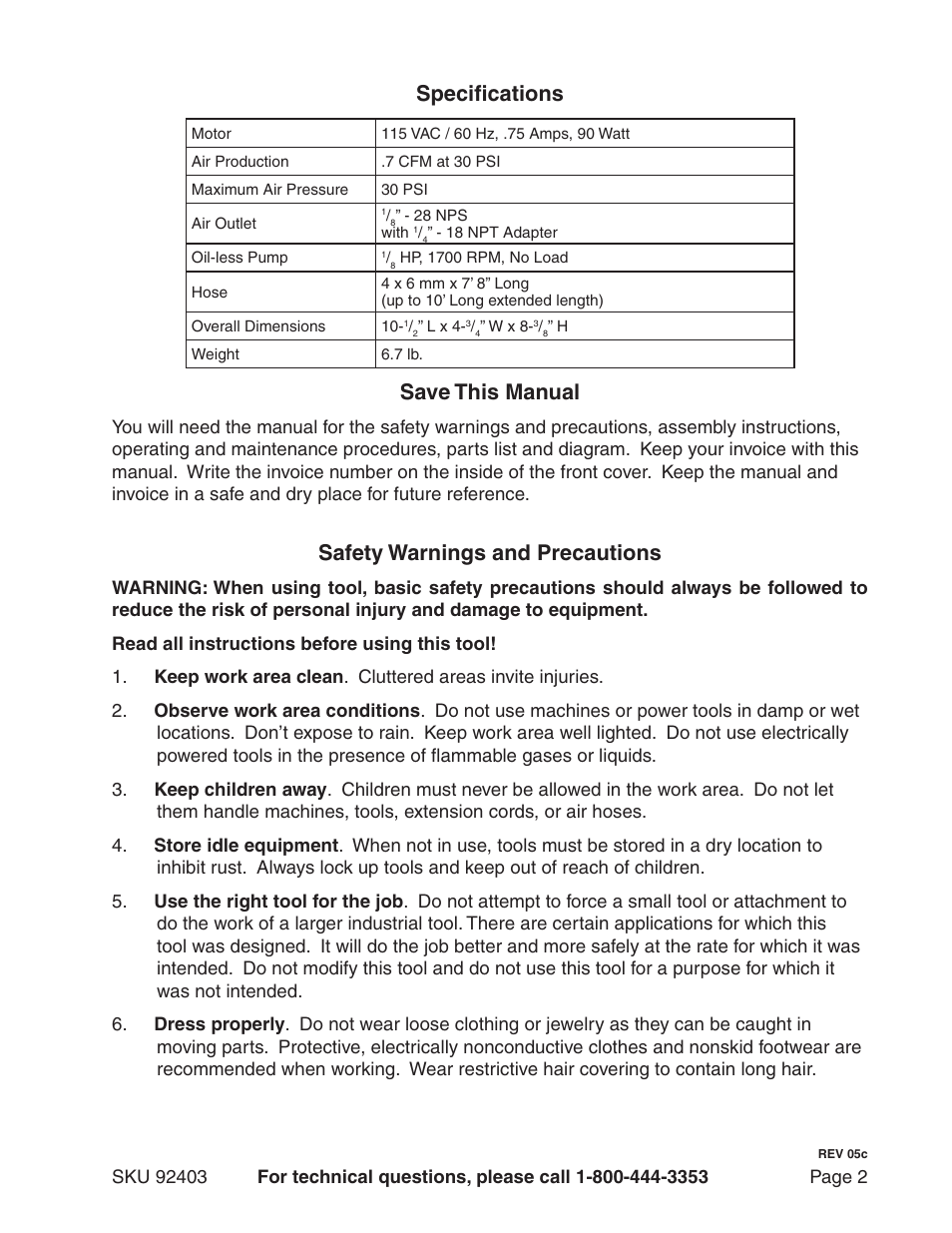 Specifications, Save this manual, Safety warnings and precautions | Harbor Freight Tools 92403 User Manual | Page 2 / 8