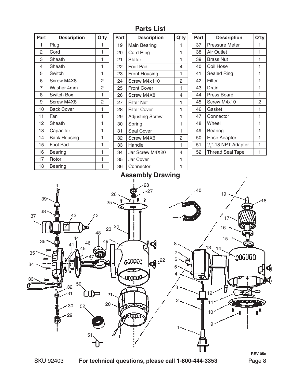 Assembly drawing parts list | Harbor Freight Tools 92403 User Manual | Page 8 / 8
