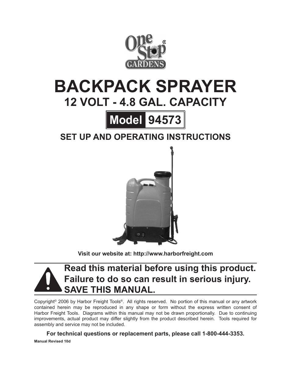 Harbor Freight Tools BACKPACK SPRAYER 94573 User Manual | 11 pages