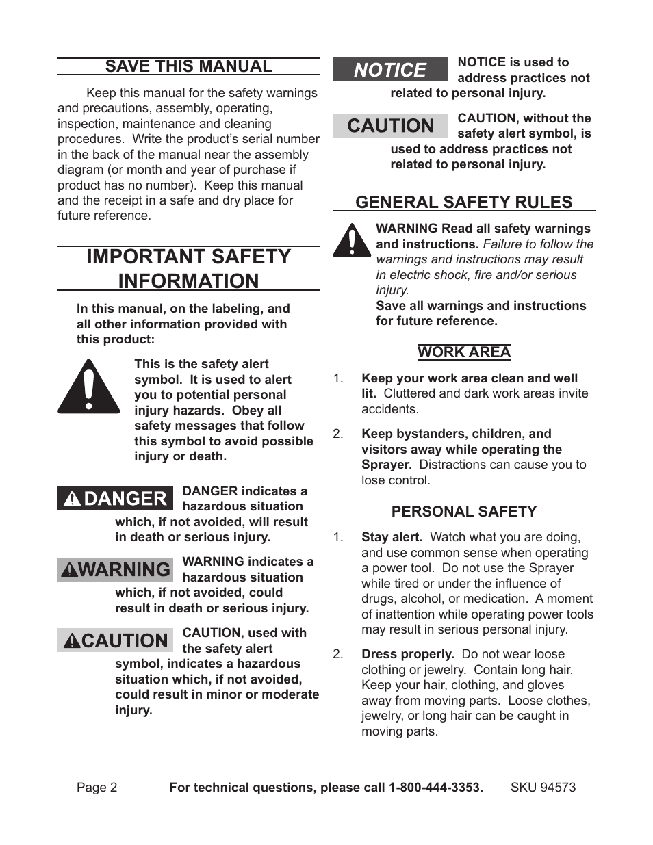 Important safety information, Save this manual, General safety rules | Harbor Freight Tools BACKPACK SPRAYER 94573 User Manual | Page 2 / 11