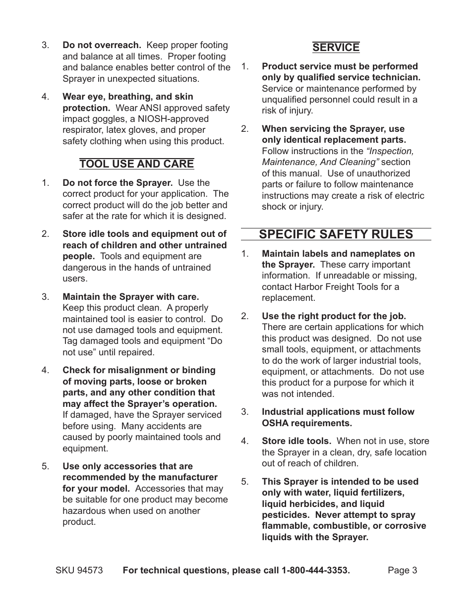Specific safety rules | Harbor Freight Tools BACKPACK SPRAYER 94573 User Manual | Page 3 / 11