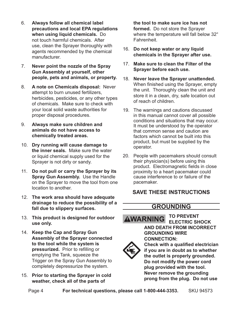 Grounding | Harbor Freight Tools BACKPACK SPRAYER 94573 User Manual | Page 4 / 11